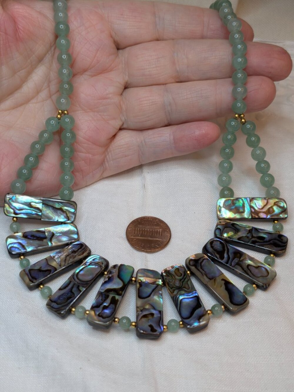 Lee Sands Jade and Abalone Necklace & Bracelet Set – Fringe Bib Style - Picture 8 of 10